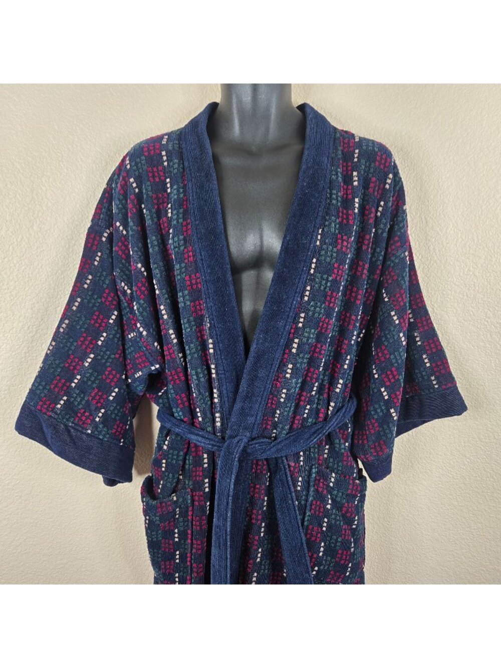 Vintage 90s Knightsbridge Mens OS Blue Cotton Terry Cloth Robe Belted
